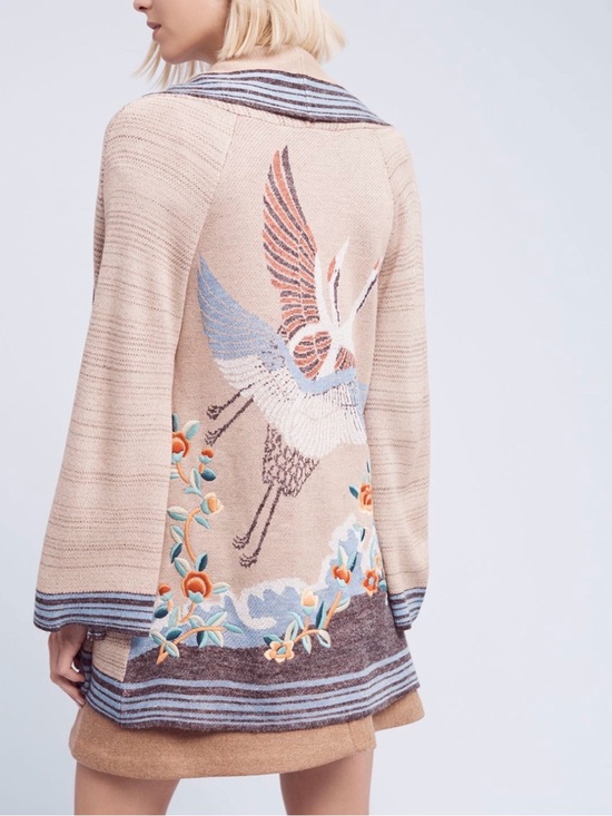 Anthropologie Sweaters - HWR Anthropologie Crane Embroidered Knit Cardigan Sweater LP Beige Blue